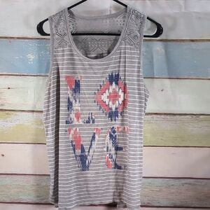 Gray Striped Sleeveless Top with Love Print